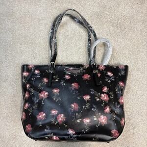 NWT Nine West Floral Print Tote Bag Small Wallet Zip Closure Pockets Black Pink